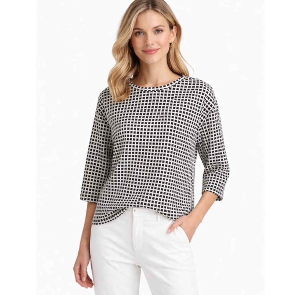 Lou & Grey Blue‎ White Grid Textured Knit Top 3/4 Sleeve S Preppy Academia 55-22